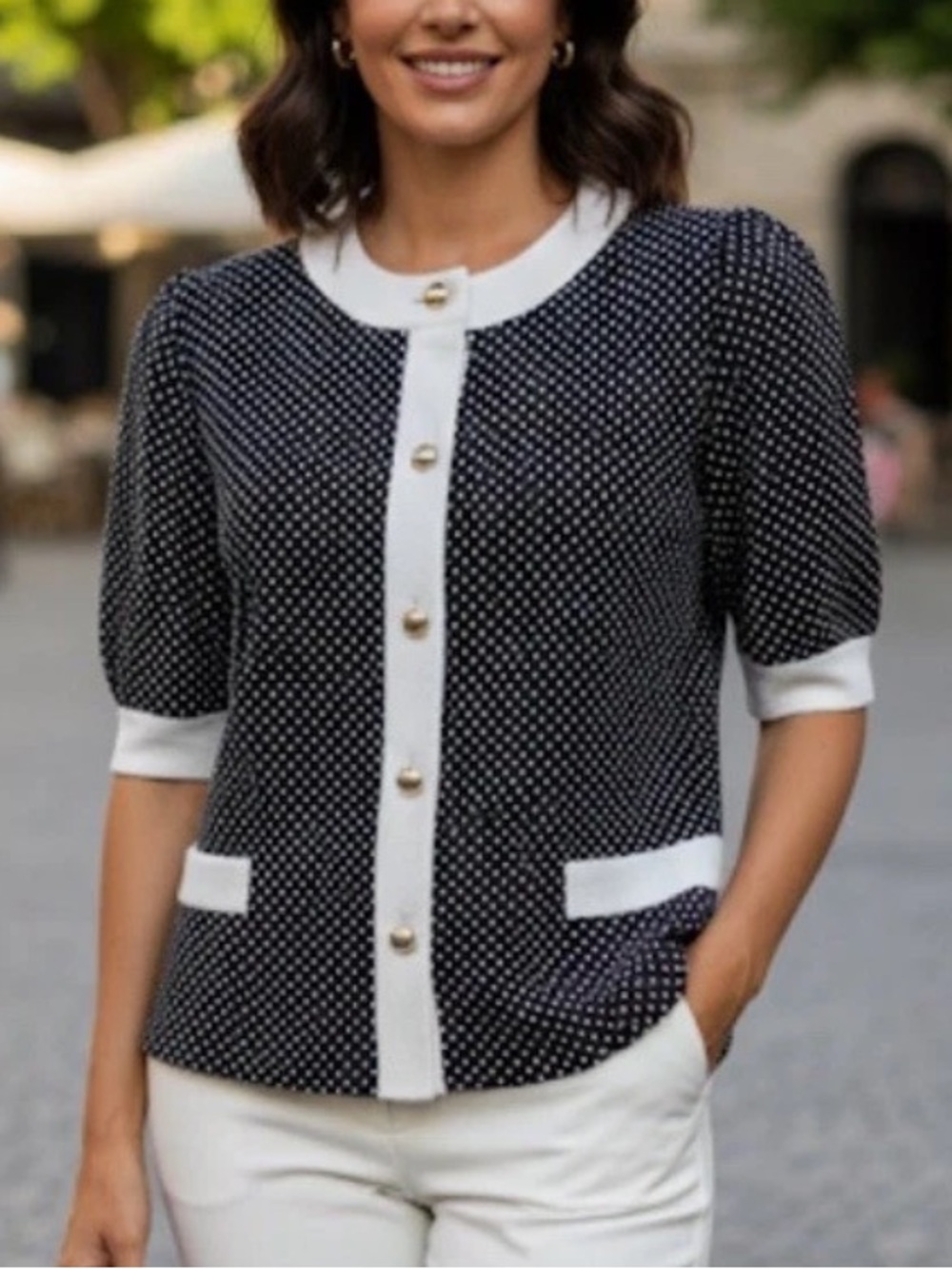 Vintage Saks fifth avenue Polka Dot Button Front Knit cardigan Top 12